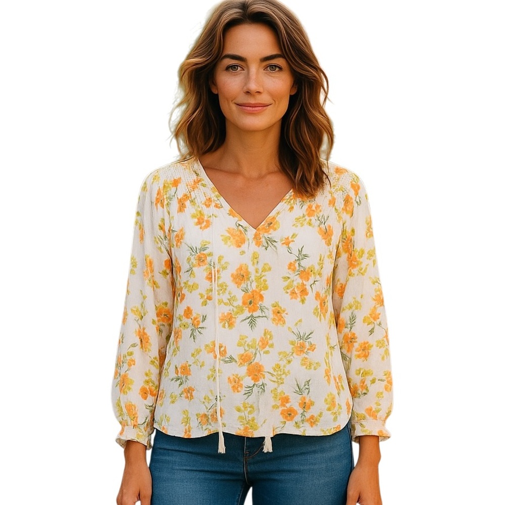 cupcakes & cashmere Cream Floral V-Neck Blouse with Yellow Orange Flowers